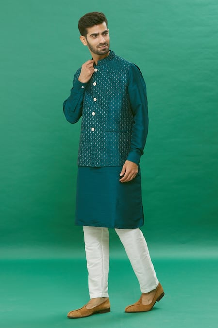 Buy_Rng Safawala_Blue Silk Sequins Teal Embroidered Bundi Set _Online_at_Aza_Fashions