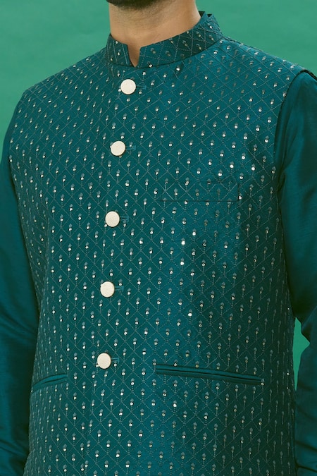 Shop_Rng Safawala_Blue Silk Sequins Teal Embroidered Bundi Set _Online_at_Aza_Fashions