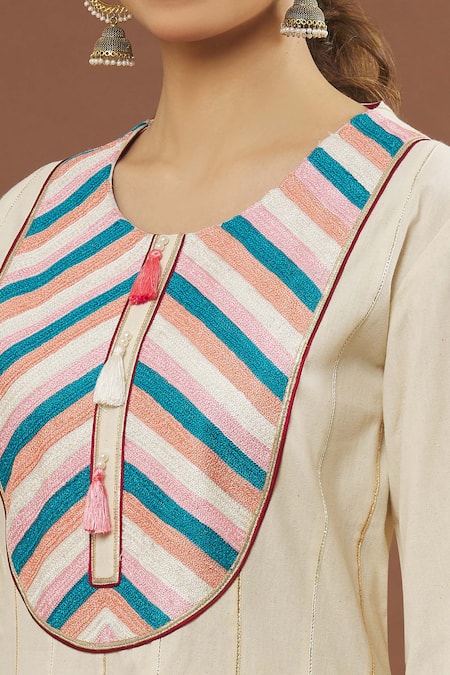 Shop_Naintara Bajaj_Ivory Cotton Embroidery, Gota Patti Round Neck Kurta And Pant Set _Online_at_Aza_Fashions