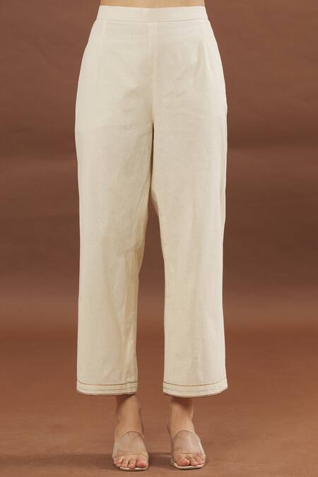 Naintara Bajaj_Ivory Cotton Embroidery, Gota Patti Round Neck Kurta And Pant Set _at_Aza_Fashions