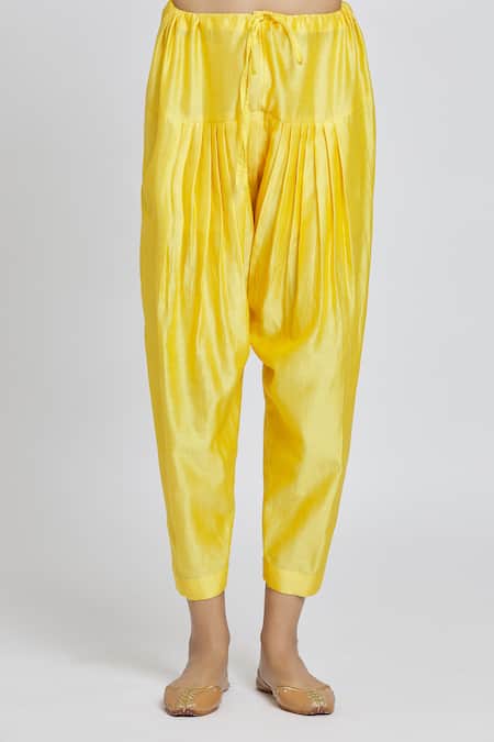 Shop_Samyukta Singhania_Yellow Silk, Chanderi, Organza Gota Patti, Embroidery Aari Work Kurta Pant Set _Online_at_Aza_Fashions