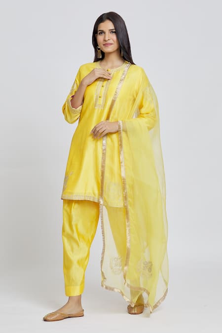 Samyukta Singhania_Yellow Silk, Chanderi, Organza Gota Patti, Embroidery Aari Work Kurta Pant Set _at_Aza_Fashions