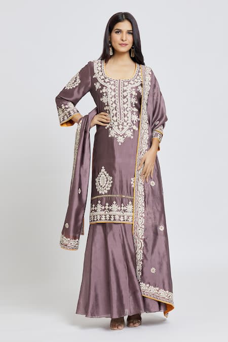 Samyukta Singhania Purple Tissue Organza Embroidered Aari Round Thread Kurta Sharara Set 