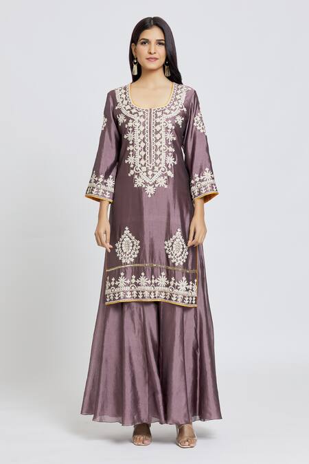 Samyukta Singhania_Purple Tissue, Organza Embroidery Round Neck Thread Kurta Sharara Set_Online_at_Aza_Fashions