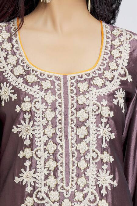 Buy_Samyukta Singhania_Purple Tissue, Organza Embroidery Round Neck Thread Kurta Sharara Set_Online_at_Aza_Fashions