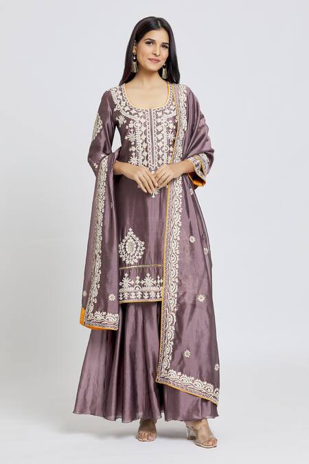Samyukta Singhania_Purple Tissue, Organza Embroidery Round Neck Thread Kurta Sharara Set_at_Aza_Fashions