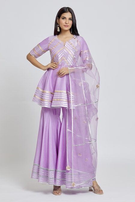 Samyukta Singhania Purple Kurta And Gharara Silk Chanderi Embroidered Gota Round V Striped Set 