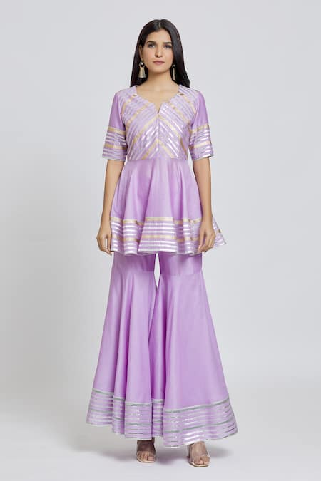 Samyukta Singhania_Purple Silk, Organza, Chanderi Gota Patti Round Neck, Striped Kurta Gharara Set _Online_at_Aza_Fashions