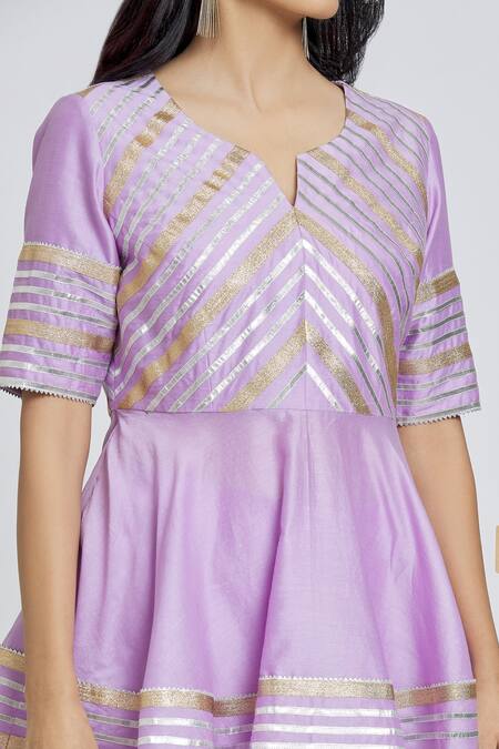 Buy_Samyukta Singhania_Purple Silk, Organza, Chanderi Gota Patti Round Neck, Striped Kurta Gharara Set _Online_at_Aza_Fashions