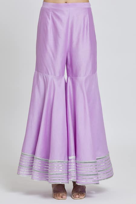 Shop_Samyukta Singhania_Purple Silk, Organza, Chanderi Gota Patti Round Neck, Striped Kurta Gharara Set _Online_at_Aza_Fashions
