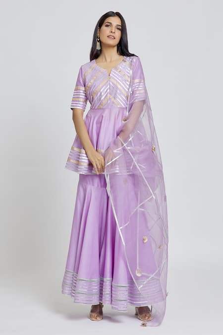 Samyukta Singhania_Purple Silk, Organza, Chanderi Gota Patti Round Neck, Striped Kurta Gharara Set _at_Aza_Fashions