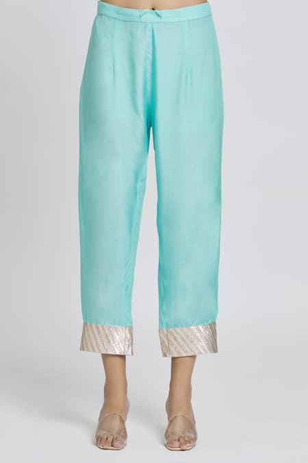 Shop_Samyukta Singhania_Blue Cotton, Silk Gota Patti Round Neck Work Kurta And Pant Set _Online_at_Aza_Fashions