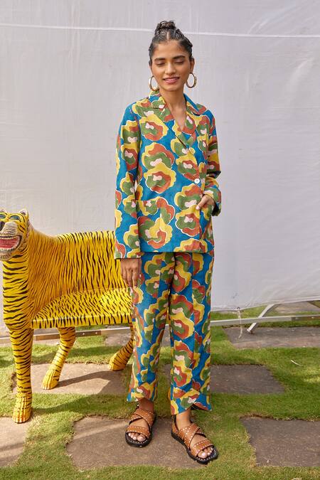 Buy_Jodi_Blue Modal Europa Hand Block Printed Blazer And Trouser Set_Online_at_Aza_Fashions