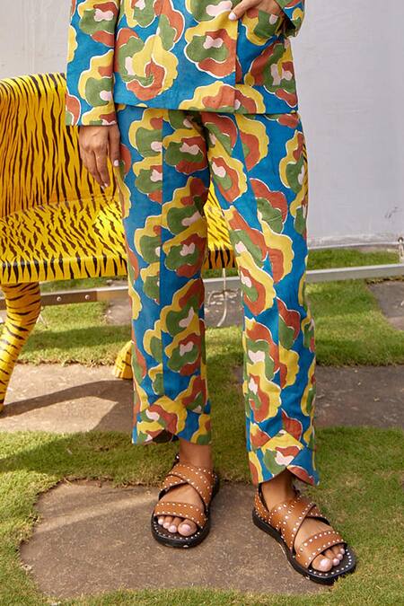 Shop_Jodi_Blue Modal Europa Hand Block Printed Blazer And Trouser Set_Online_at_Aza_Fashions