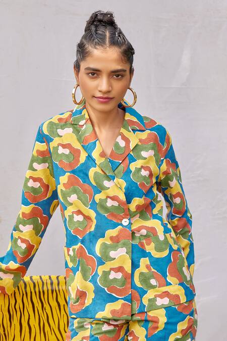 Jodi_Blue Modal Europa Hand Block Printed Blazer And Trouser Set_at_Aza_Fashions