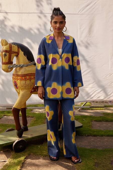 Jodi_Blue Cotton Collared Floral Pattern Jacket_at_Aza_Fashions