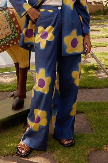 Jodi_Blue Cotton Collared Bloom Pattern Jacket And Trouser Set_Online_at_Aza_Fashions