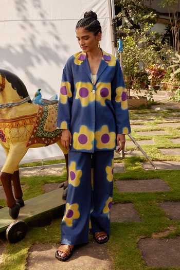 Jodi_Blue Cotton Collared Bloom Pattern Jacket And Trouser Set_at_Aza_Fashions