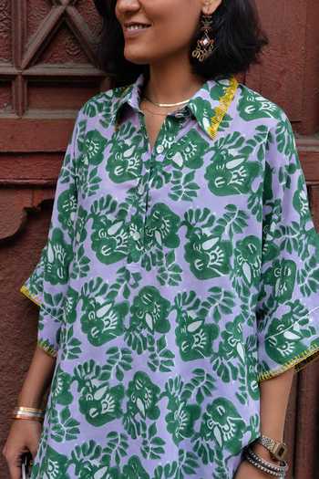 Buy_Jodi_Purple Modal Embroidery Collared Lilac Flower Hand Block Print Shirt_Online_at_Aza_Fashions