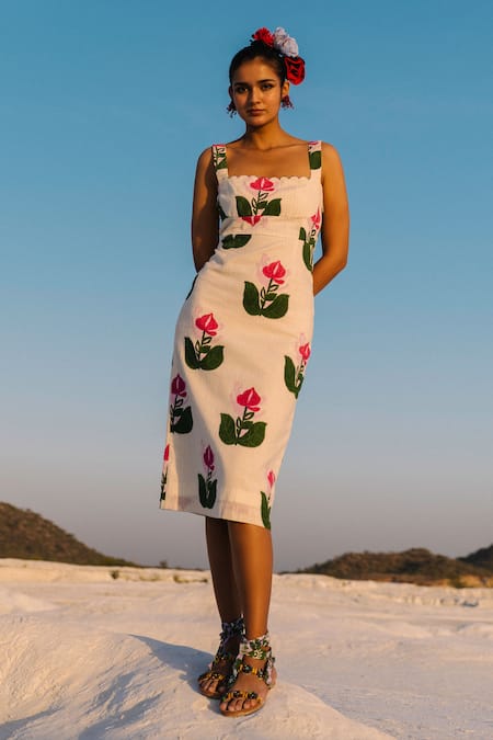 Jodi White Handloom Cotton Scoop Neck Whimsy Abstract Hand Block Print Dress 