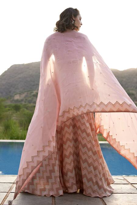 Shop Harsha Khatry Cream Crepe Silk Print Beads V Neck Chevron Lehenga Set at Aza Fashions Shop_Harsha Khatry_Cream Crepe Silk Print Beads V Neck Chevron Lehenga Set _at_Aza_Fashions