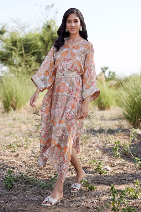 Harsha Khatry Vintage Floral Print Kaftan With Belt 