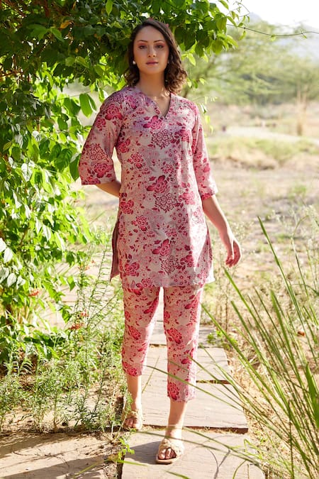 Harsha Khatry Pink Fine Tussar Silk Hand Embroidered Print A-line Kurta And Pant Set  