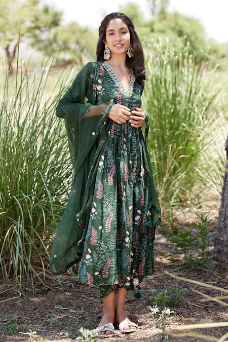 Harsha Khatry Green Fine Tussar Silk Printed And Hand Front Gathered Kurta Set Online at Aza Fashions Harsha Khatry_Green Fine Tussar Silk Printed And Hand Front Gathered Kurta Set _Online_at_Aza_Fashions