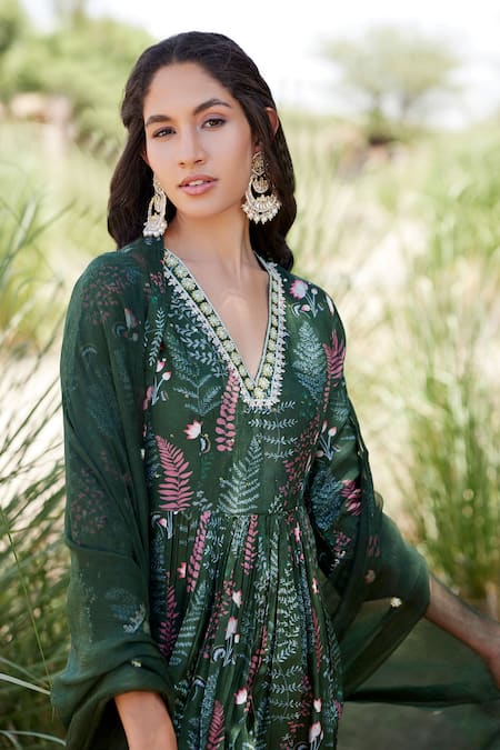 Shop Harsha Khatry Green Fine Tussar Silk Printed And Hand Front Gathered Kurta Set Online at Aza Fashions Shop_Harsha Khatry_Green Fine Tussar Silk Printed And Hand Front Gathered Kurta Set _Online_at_Aza_Fashions