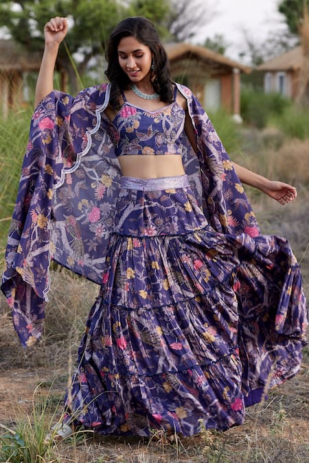 Harsha Khatry Floral Print Tiered Lehenga Cape Set 