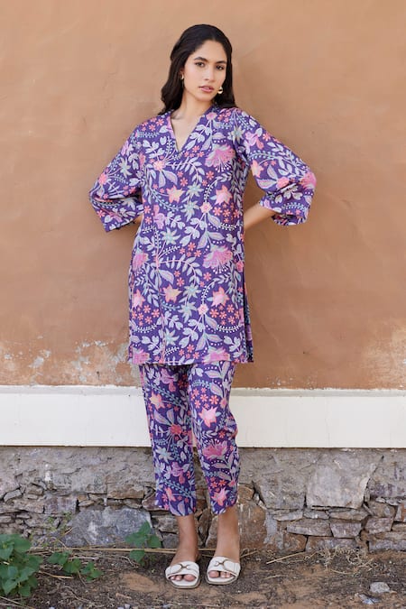 Buy_Harsha Khatry_Purple Muslin Silk Printed And Hand Embroidered Bloom Kurta & Pant Set _Online_at_Aza_Fashions