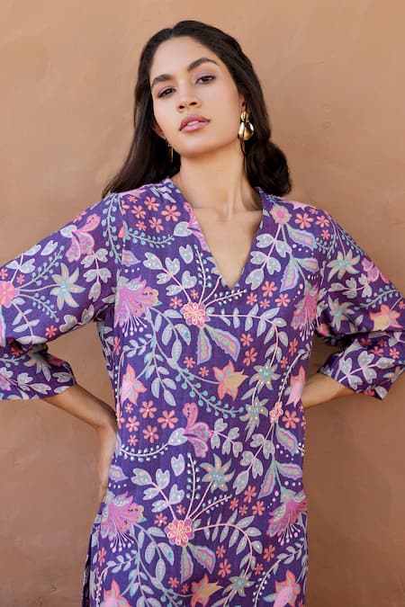 Harsha Khatry_Purple Muslin Silk Printed And Hand Embroidered Bloom Kurta & Pant Set _at_Aza_Fashions