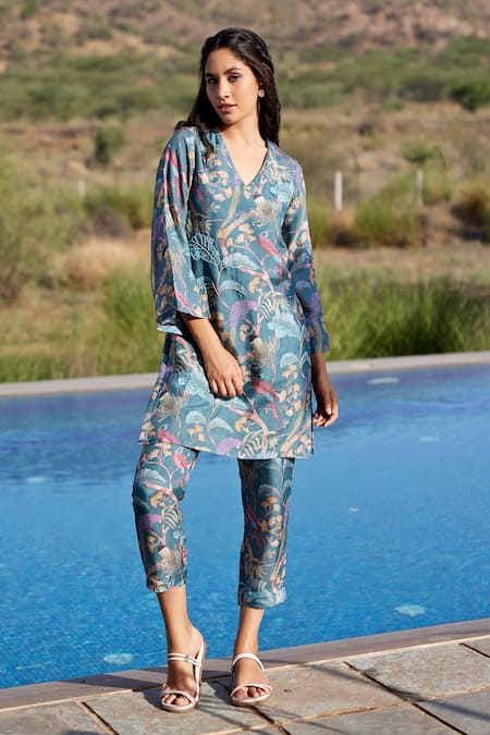 Shop_Harsha Khatry_Blue Fine Tussar Silk Printed And Hand Embroidered Kurta & Pant Set _Online_at_Aza_Fashions