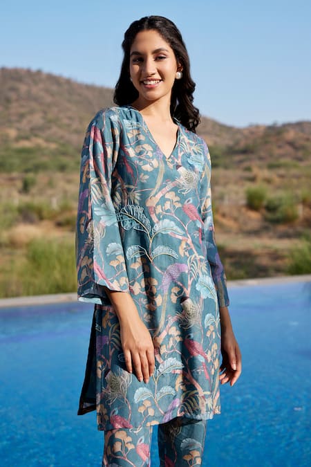 Harsha Khatry_Blue Fine Tussar Silk Printed And Hand Embroidered Kurta & Pant Set _at_Aza_Fashions