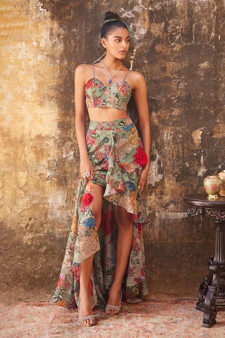 Shop_Varun Bahl_Green Organza, Net Sequins, Cut Floral Print Corset Top With Asymmetric Skirt _at_Aza_Fashions