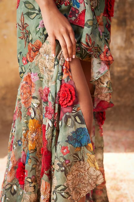 Varun Bahl_Green Organza, Net Sequins, Cut Floral Print Corset Top With Asymmetric Skirt _Online_at_Aza_Fashions