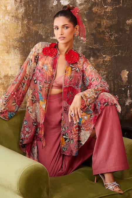 Shop_Varun Bahl_Pink Organza, Linen Sequins, Embroidery Floral Print Tunic Jacket And Trouser Set _at_Aza_Fashions