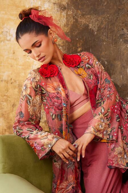 Varun Bahl_Pink Organza, Linen Sequins, Embroidery Floral Print Tunic Jacket And Trouser Set _Online_at_Aza_Fashions