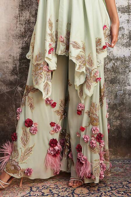 Varun Bahl_Green Chanderi, Georgette Sequins, Asymmetric Embroidered Tunic With Sharara _Online_at_Aza_Fashions