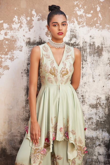 Buy_Varun Bahl_Green Chanderi, Georgette Sequins, Asymmetric Embroidered Tunic With Sharara _Online_at_Aza_Fashions