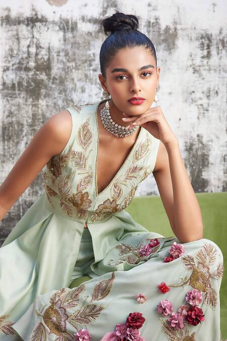 Shop_Varun Bahl_Green Chanderi, Georgette Sequins, Asymmetric Embroidered Tunic With Sharara _Online_at_Aza_Fashions