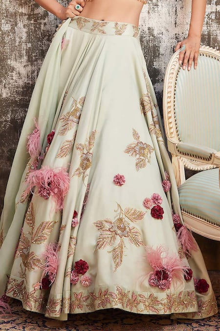 Varun Bahl_Green Chanderi, Organza Sequins, Beads, Floral Corsage Bridal Lehenga Set _Online_at_Aza_Fashions