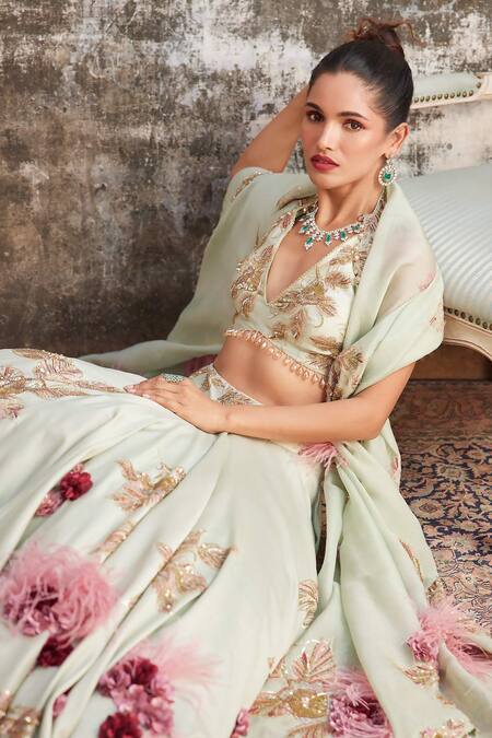 Buy_Varun Bahl_Green Chanderi, Organza Sequins, Beads, Floral Corsage Bridal Lehenga Set _Online_at_Aza_Fashions