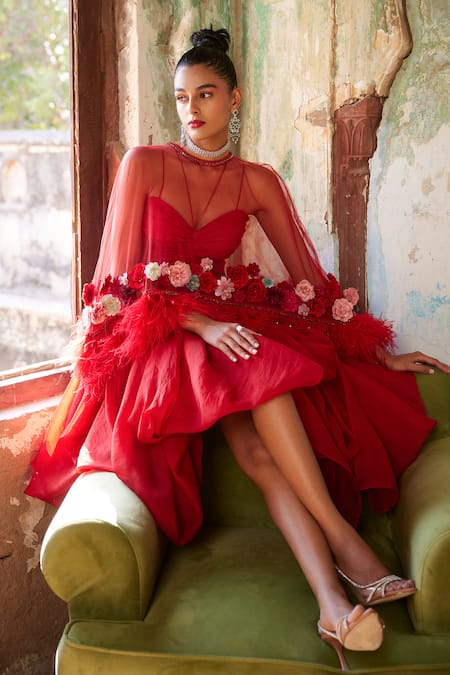 Shop_Varun Bahl_Red Organza, Net Crystals, Embroidery 3d Florl Corsage Cape Skirt Set _at_Aza_Fashions