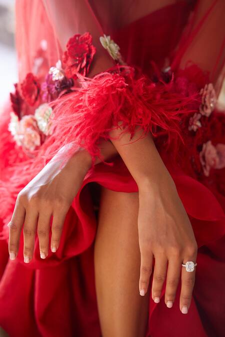 Varun Bahl_Red Organza, Net Crystals, Embroidery 3d Florl Corsage Cape Skirt Set _Online_at_Aza_Fashions