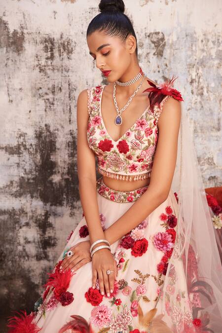 Varun Bahl_Pink Organza, Net Sequins, Hand Made Floral Corsage Bridal Lehenga Set _Online_at_Aza_Fashions