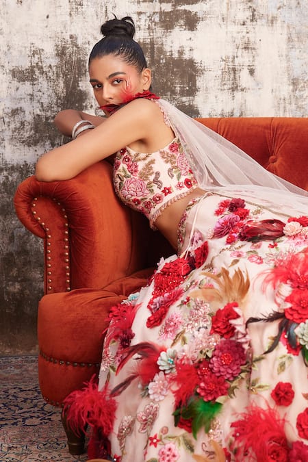 Buy_Varun Bahl_Pink Organza, Net Sequins, Hand Made Floral Corsage Bridal Lehenga Set _Online_at_Aza_Fashions
