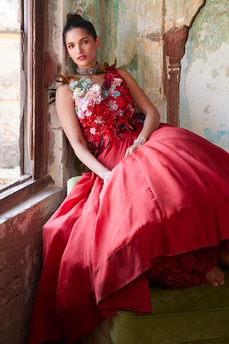 Shop_Varun Bahl_Red Organza, Net Feathers, Fabric Floral Corsage Embroidered Top With Skirt _at_Aza_Fashions