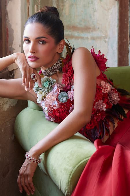 Varun Bahl_Red Organza, Net Feathers, Fabric Floral Corsage Embroidered Top With Skirt _Online_at_Aza_Fashions