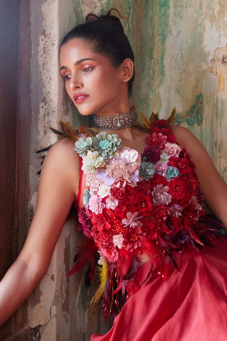 Buy_Varun Bahl_Red Organza, Net Feathers, Fabric Floral Corsage Embroidered Top With Skirt _Online_at_Aza_Fashions